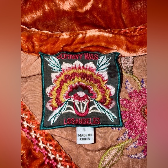 $340 JOHNNY WAS Ulla Persimmon Velvet Silk Floral Embroidered V-Neck Blouse L - Picture 11 of 12